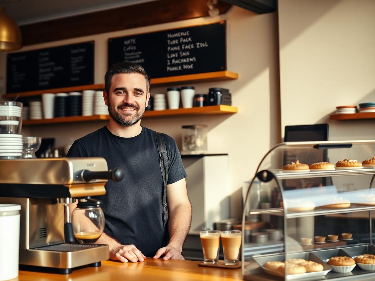 Independent cafe owner outside his shopfront