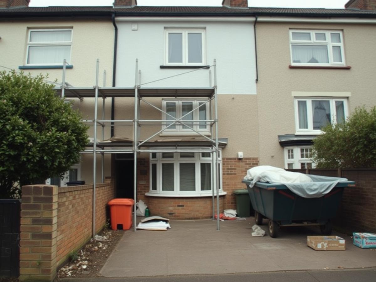 Terraced house mid-renovation with scaffolding